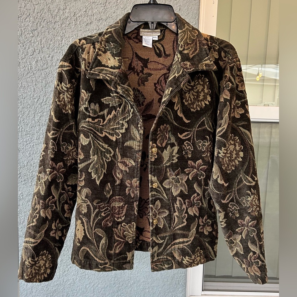 Coldwater Creek Floral Green Tapestry Button Front Lightweight Jacket  Size PL